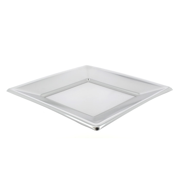 Petite Assiette plastique carrée liseré Argent, vaisselle jetable