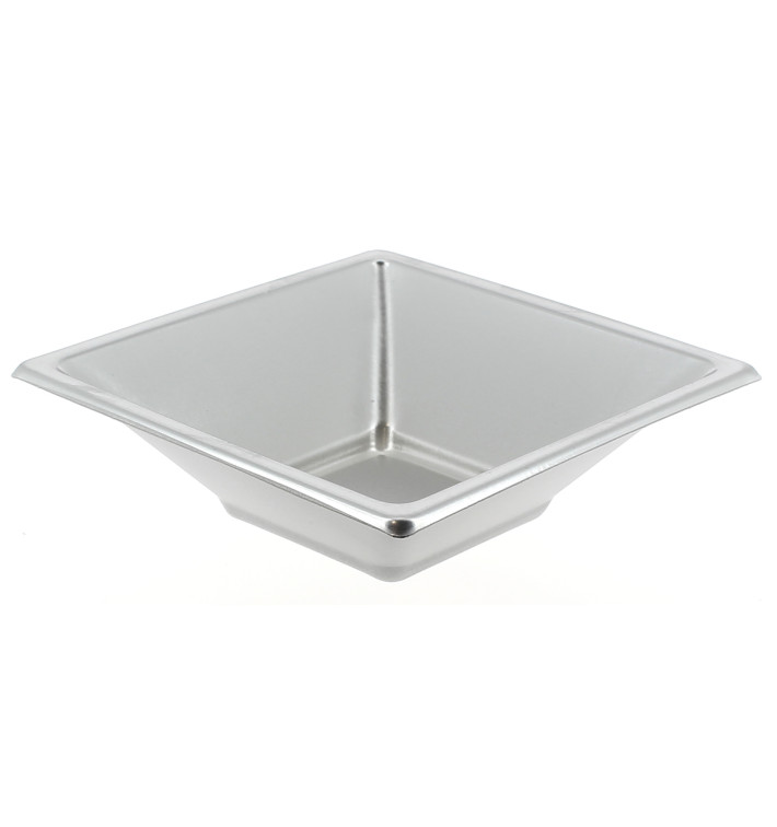 Bol en Plastique PS Carré Argenté 12x12cm Bol en Plastique PS Carré Argenté 12x12cm