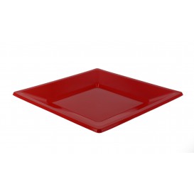 Assiette Plastique Carrée Plate Rouge 230mm (3 Unités)