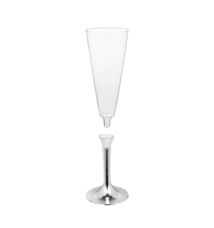 Flûte Champagne Plastique Pied Argent Chrome 160ml (20 Utés) Flûte Champagne Plastique Pied Argent Chrome 160ml (20 Utés)