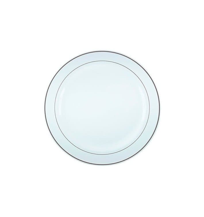 Assiette en Plastique Dur avec Liseré Argent 15cm (20 Utés) Assiette en Plastique Dur avec Liseré Argent 15cm (20 Utés)