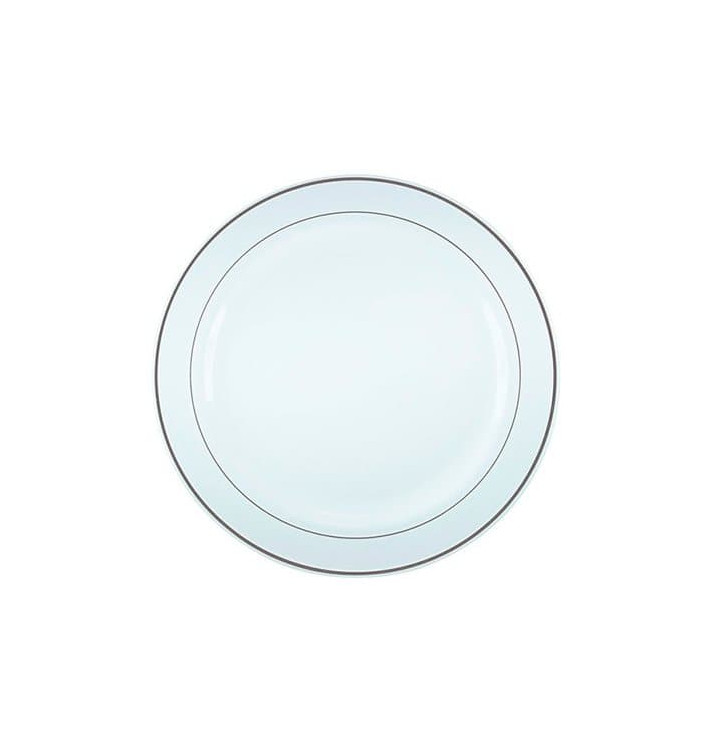 Assiette en Plastique Dur avec Liseré Argent 19cm (20 Utés) Assiette en Plastique Dur avec Liseré Argent 19cm (20 Utés)
