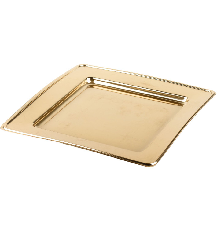 Assiette en Plastique PET Carrée Doré 24cm (6 Utés)