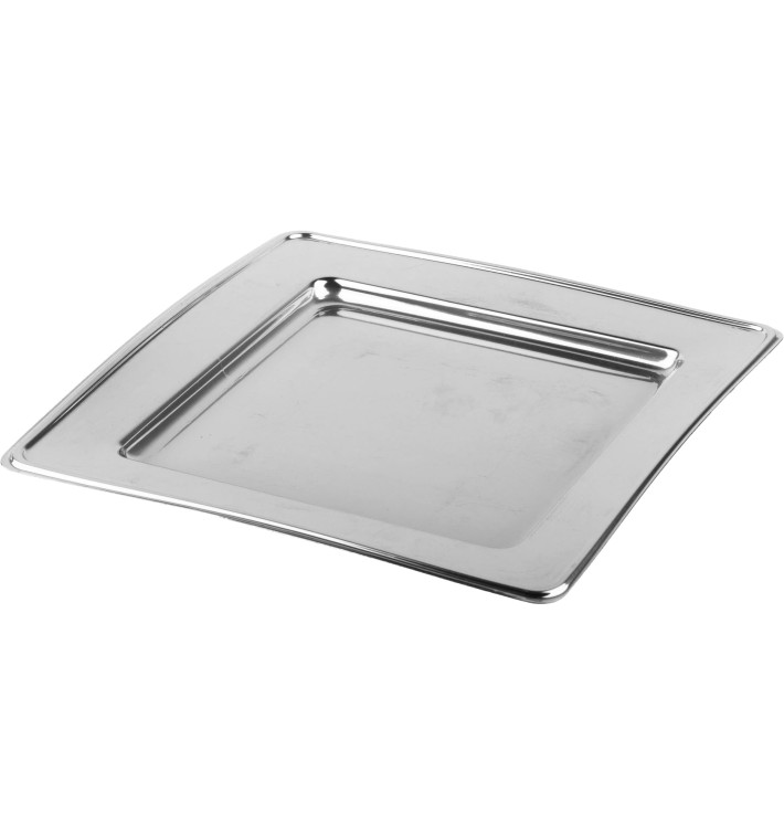 Assiette en Plastique PET Carrée Argenté 30cm (4 Utés)