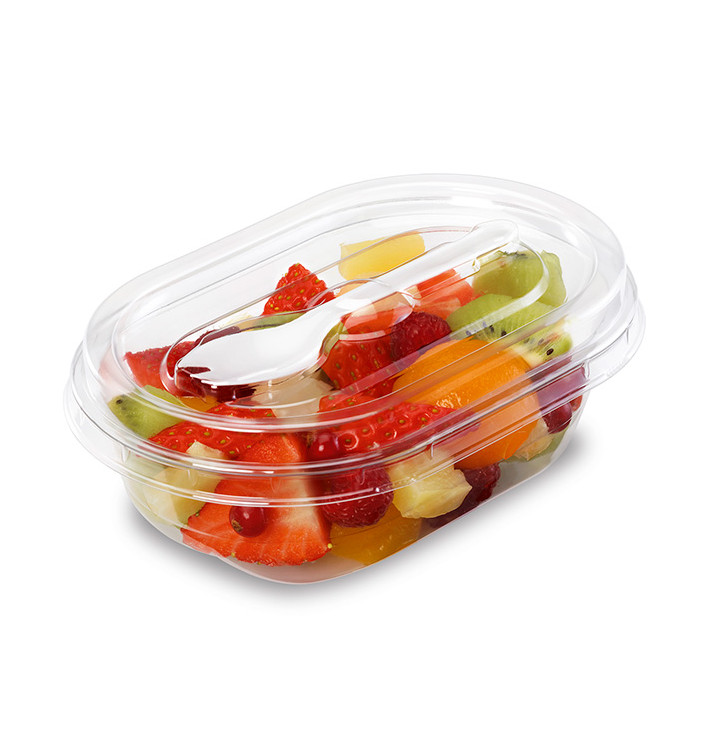 Saladier avec charnière APET et Fourchette 370ml 190x140x64mm (400 Utés) Saladier avec charnière APET et Fourchette 370ml 190x140x64mm (400 Utés)