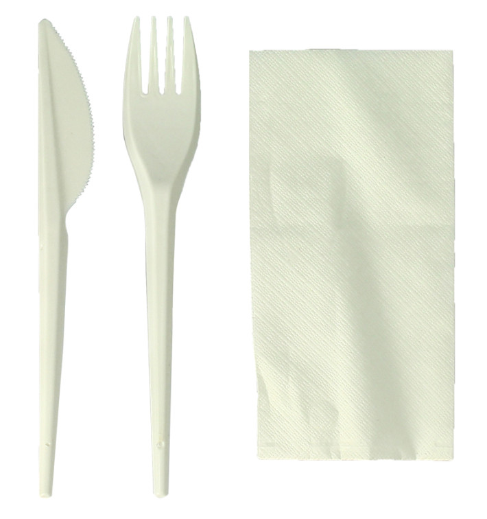 Kit Fourchette, Couteau, Serviette Amidon Maïs PLA (300 Utés) Kit Fourchette, Couteau, Serviette Amidon Maïs PLA (300 Utés)