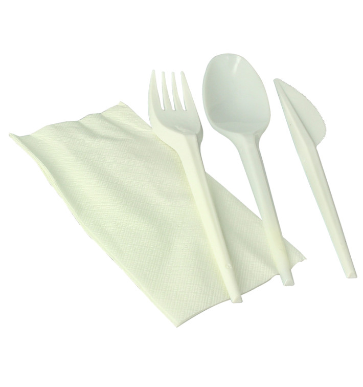 Kit Fourchette, Cuillère, Couteau, Serviette Amidon Maïs PLA (100 Utés) Kit Fourchette, Cuillère, Couteau, Serviette Amidon Maïs PLA (100 Utés)