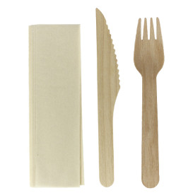 Set Couverts en Bois avec Vernis Fourchette, Couteau et Serviette (25 Utés)