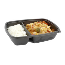 Barquette PP Noir 2 C et Couvercles 1300ml 28x20cm (15 Utés)