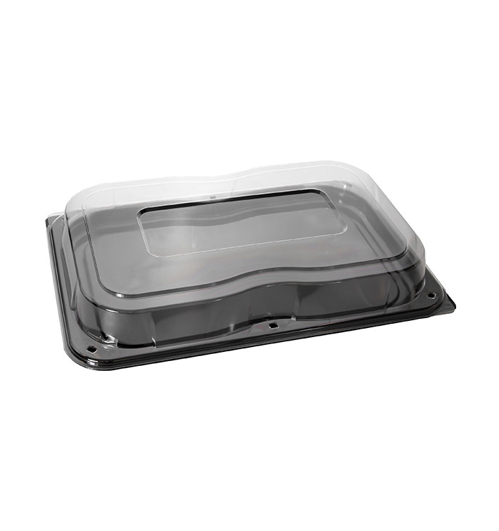 Plateau Rectangulaire Noir et Couvercle PET 46x30cm (15 Unités)