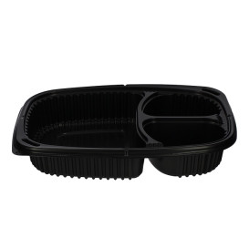 Barquette Rectangulaire PP Noir 3C 1250ml 255x189x45mm (320 Utés)