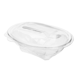 Saladier avec charnière APET et Fourchette 500ml 190x140x76mm (100 Utés)