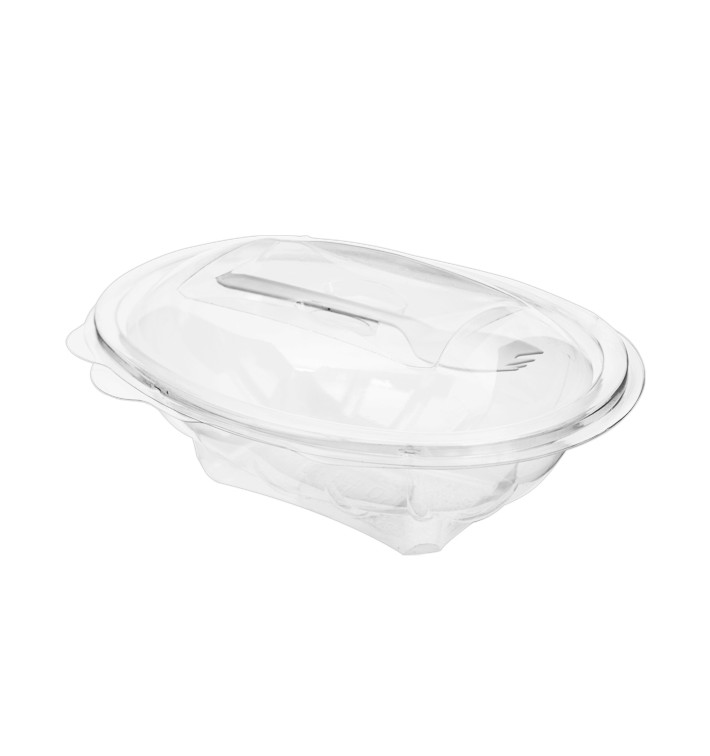 Saladier avec charnière APET et Fourchette 500ml 190x140x76mm (100 Utés) Saladier avec charnière APET et Fourchette 500ml 190x140x76mm (100 Utés)