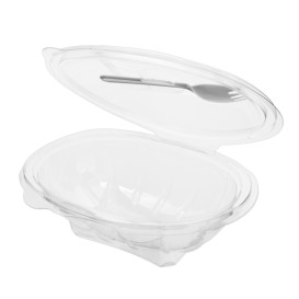Saladier avec charnière APET et Fourchette 500ml 190x140x76mm (100 Utés)