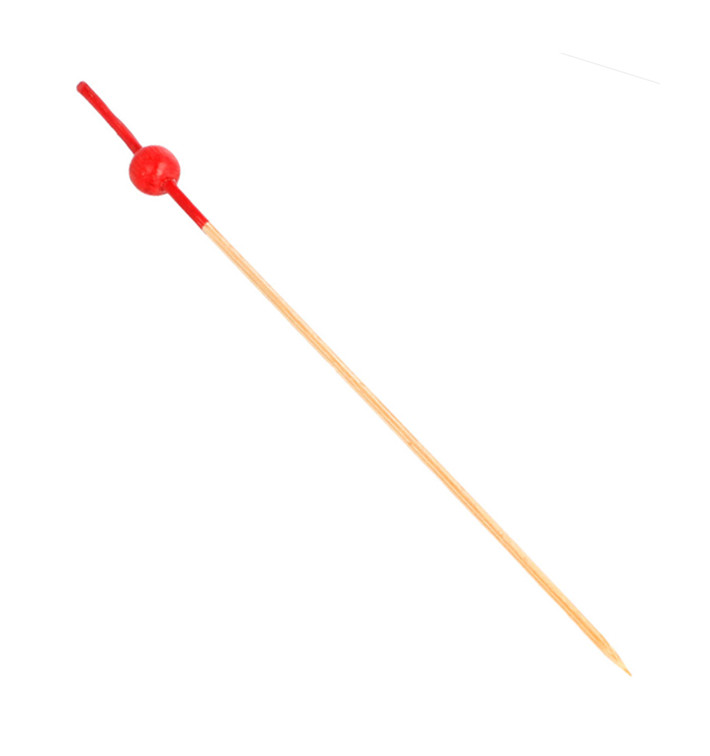 Pique en Bambou décoré boule rouge 120mm (100 Utés) Pique en Bambou décoré boule rouge 120mm (100 Utés)