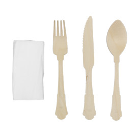 Set de Fouchette, Couteau, Cuillère et Serviette en Bois “Classic” 20cm (25 Utés)