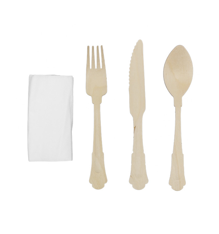 Set de Fouchette, Couteau, Cuillère et Serviette en Bois “Classic” 20cm (25 Utés)