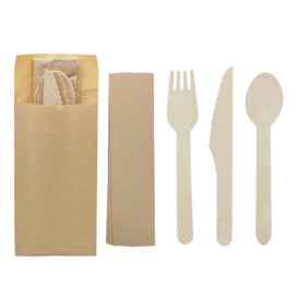 Set Couverts Bois Fourchette, Couteau, Cuillère et Serviette (50 Utés)