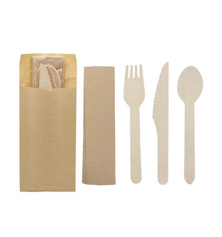 Set Couverts Bois Fourchette, Couteau, Cuillère et Serviette (50 Utés)