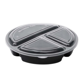 Barquette Plastique PP Noire Réutilisable 3C avec Couvercle 920ml Ø22cm (50 Utés)