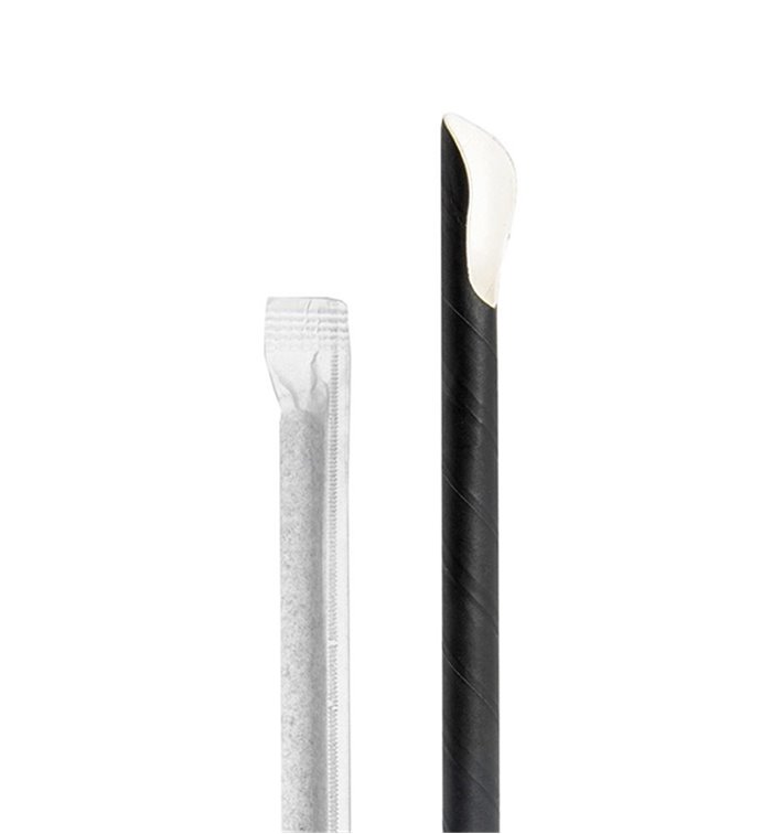 Paille Cuillère Papier Noir Rayures Blanches Emballée Ø8mm 20cm (100 Utés) Paille Cuillère Papier Noir Rayures Blanches Emballée Ø8mm 20cm (100 Utés)