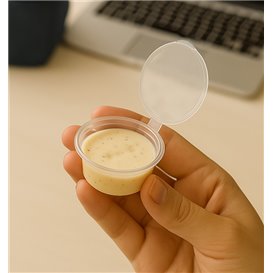 Pot à Sauce Rond avec Couvercle Attaché en Plastique PP Transparent 30ml (100 Utés)