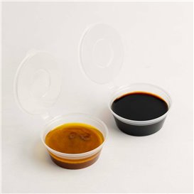 Pot à Sauce Rond avec Couvercle Attaché en Plastique PP Transparent 60ml (50 Utés)