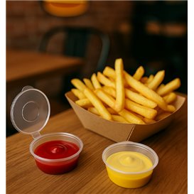 Pot à Sauce Rond avec Couvercle Attaché en Plastique PP Transparent 60ml (50 Utés)