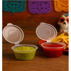 Pot à Sauce Rond avec Couvercle Attaché en Plastique PP Transparent 60ml (50 Utés)