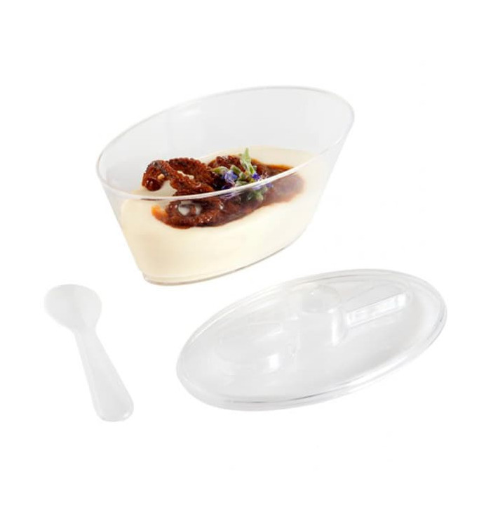 Verrine Plastique Ovale avec Couvercle et Cuillère 10,1x6,1x6cm Verrine Plastique Ovale avec Couvercle et Cuillère 10,1x6,1x6cm